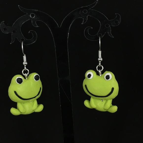 Handmade Polymer Clay Frog Dangle Drop Earrings - Picture 3 of 5